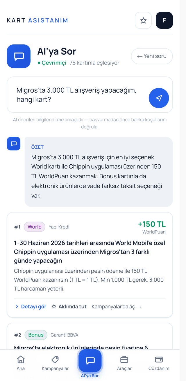 AI'ya Sor — Migros'ta hangi kart sorusuna en avantajlı kart önerisi
