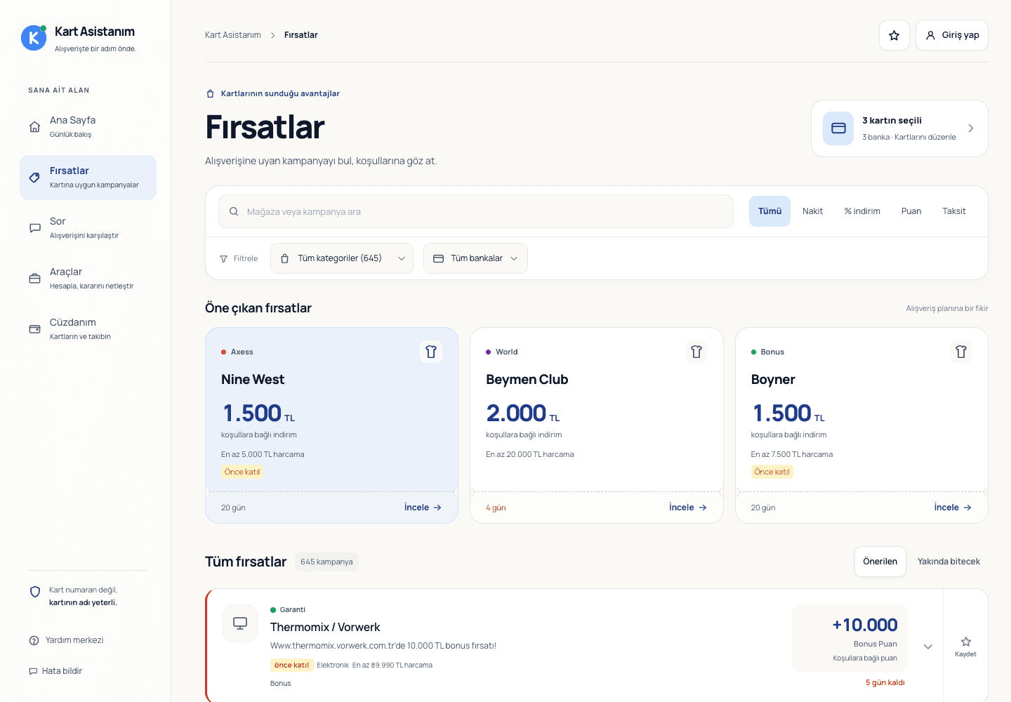 Kart Asistanım web uygulamasında Fırsatlar ekranı
