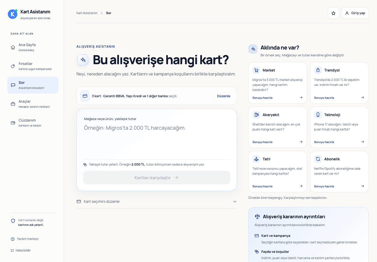 Kart Asistanım web uygulamasında Sor ekranı
