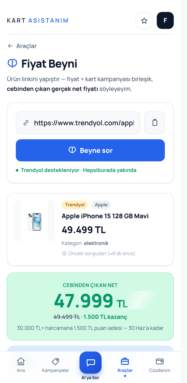 Fiyat Beyni — ürün linkinden cepten çıkan net fiyat ve kazanç
